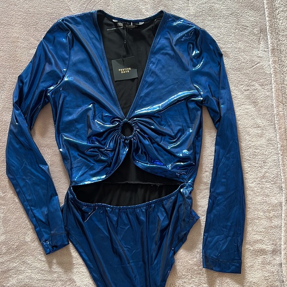 Zara Blue Metallic Body Suit - Picture 3 of 11